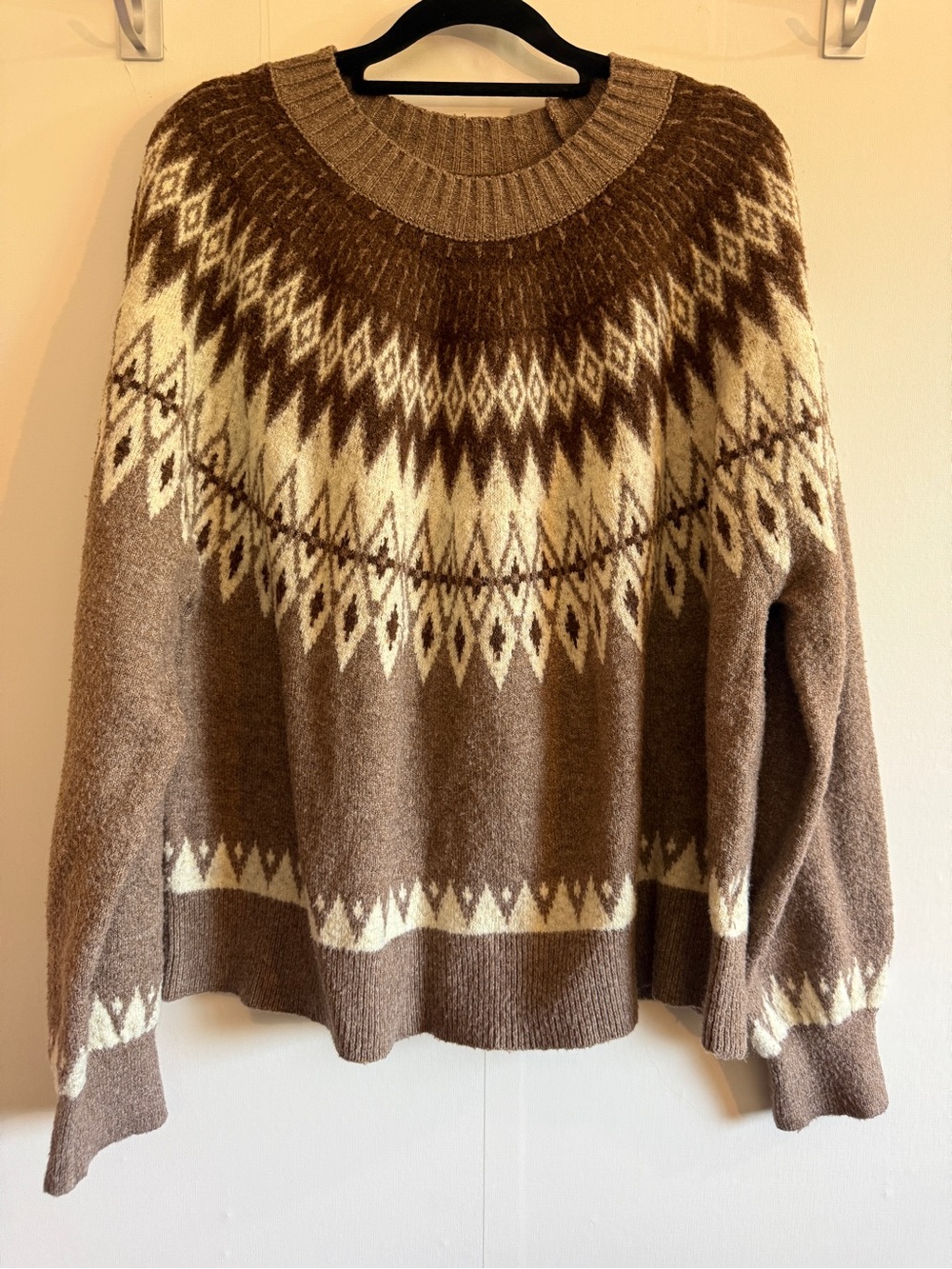 Haute Hippie XL Fair Isle Nordic Sweater Brown Cream Oversized Cozy Knit